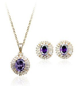 Authentic 18K ROSE GOLD PLATED GENUINE CZ & AUSTRIAN CRYSTAL PURPLE NECKLACE/EARRING SET