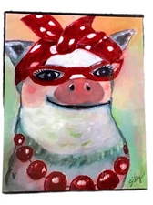 ORIGINAL Painting Humor IMPRESSIONISM Collectible Dressed Up Pig Signed Sibley