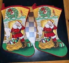 Set of 2 Vintage Santa Claus Next to Fireplace w List Toys Christmas Stockings