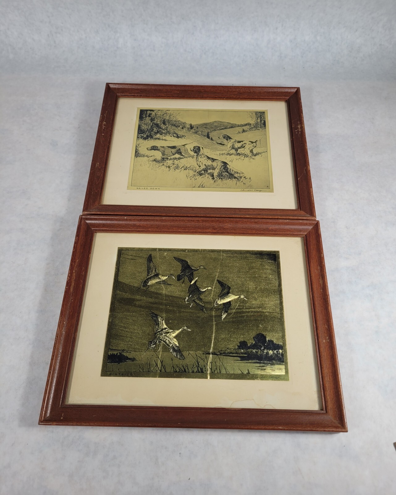 Set Vintage Churchill Ettinger Gold Foil Framed Hunting Bird Dog Art