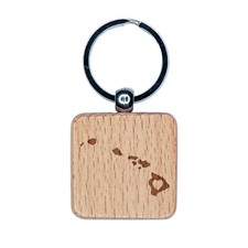 Hawaii State with Heart Engraved Wood Square Keychain Tag Charm