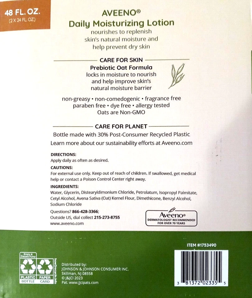 Aveeno Daily Moisturizing Body Lotion 2 x 24 Fl Oz (709g) Fragrance Free - Image 2 of 3