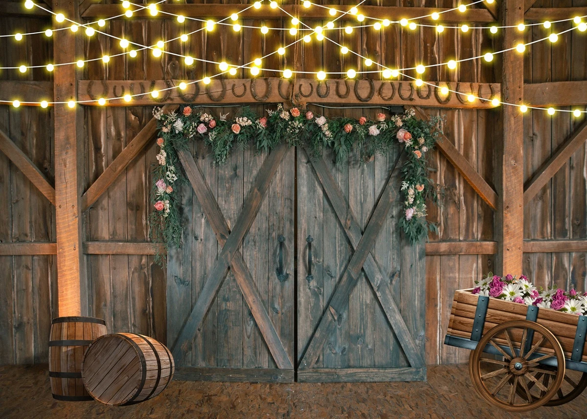 Rustic Wood Barn Flower Door Vinyl Backdrop Photography Background