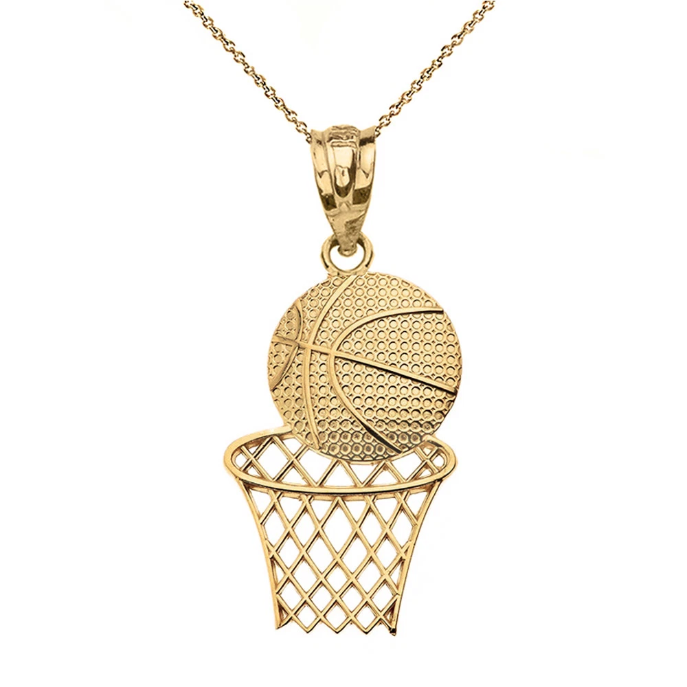Solid 10k Yellow Gold Textured Basketball Hoop Sports Pendant Necklace