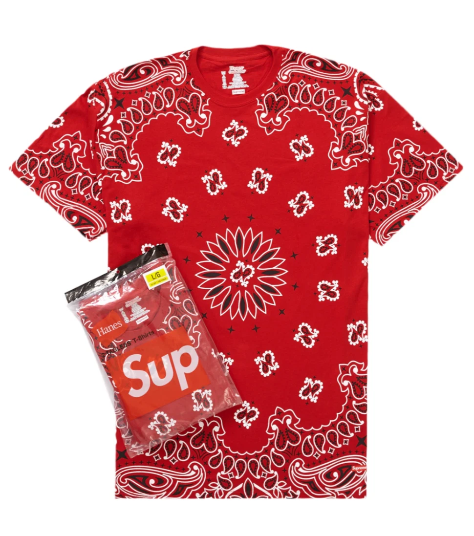 Neuf ! T shirts sans étiquette Supreme F/W 22 Hanes Bandana 2 pièces (rouge) grand