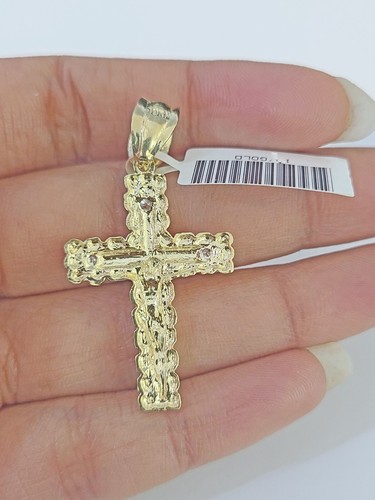 14k Yellow Gold Rope Chain 2.5mm 16Inches & Jesus Nugget Cross Charm SET - Picture 10 of 10