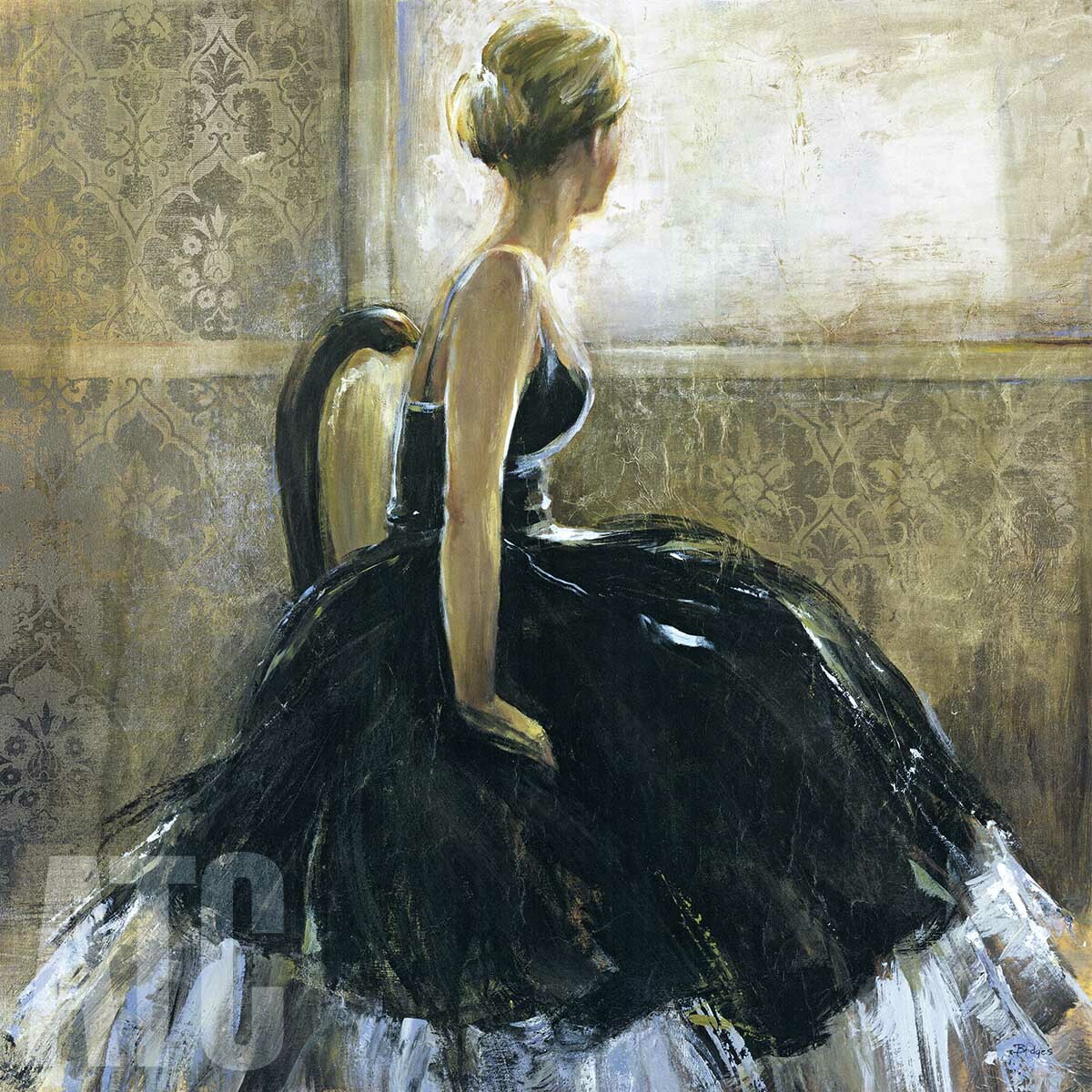 32W"x32H" GIRL IN DRESS by MARILYN BRIDGES - WOMAN SITTING CHAIR WINDOW CANVAS 32W"x32H" GIRL IN DRESS by MARILYN BRIDGES - WOMAN SITTING CHAIR WINDOW CANVAS