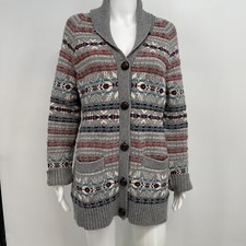 Woolrich Cardigan Sweater Womens Medium M Fair Isle Shawl Neck Lambs Wool Blend