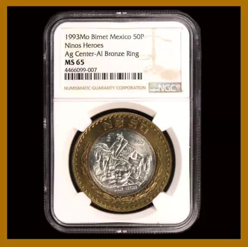 Mexico 50 Nuevos Pesos Coin, 1993 Bimetallic Silver Comm. Ninos Heroes NGC MS 65