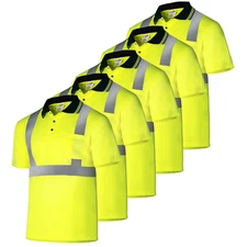 5 Pack Hi-Vis Lime Safety Workwear Short Sleeve Polo Shirt Top Reflective Tape