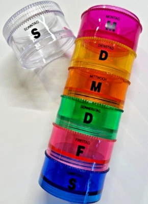 Medikamentenbox RUND ZYLINDER 7 große Fächer 7 Tage Pillendose Tablettenbox