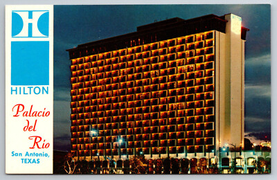 San Antonio, TX, Hilton Hotel, Palacio del Rio, Night View, Vintage Postcard
