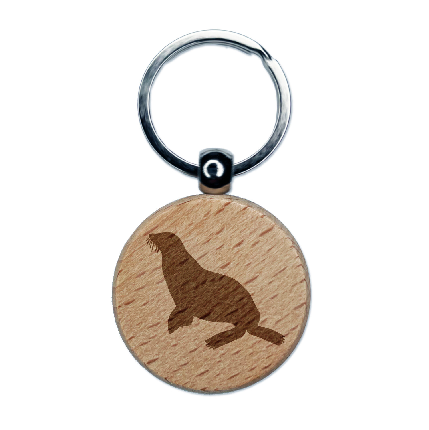 Sea Lion Solid Engraved Wood Round Keychain Tag Charm
