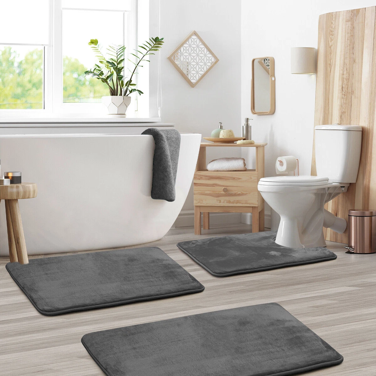 3Pcs Soft Bathroom Mat Set Contour Rug Memory Foam Non-slip Fast