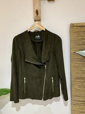 New Wallis Khaki Olive Green Faux Leather Suede Waterfall Biker Jacket Size 10