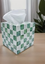 5.7" Square Tissue Box Cover for Kleenex and More, Handmade Green  White Che...