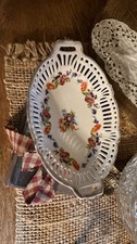 Vtg Dresden German Porcelain Reticulated Oval Bowl Hand Painted Floral Gold Gild