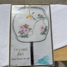 VTG Chinese Silk Fan Hand Painted Flowers Bird Scene Bamboo Handle In Box