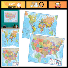 Laminated World  US Map Poster Set - 17"x22" - Detailed Cartography for Home/Of