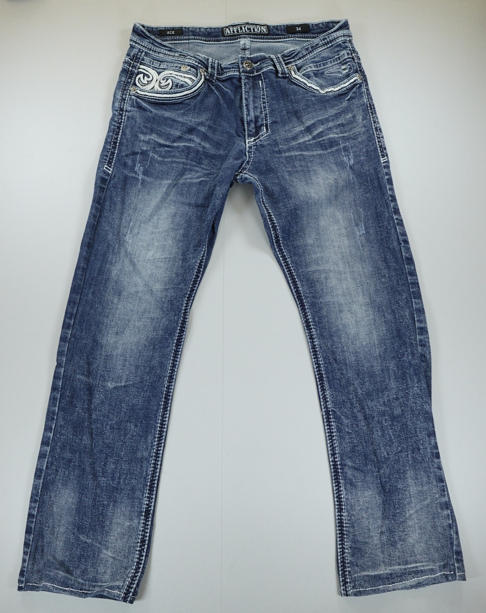 Affliction Jeans Mens 34x31 Blue Ace Black Premium Straight Leg