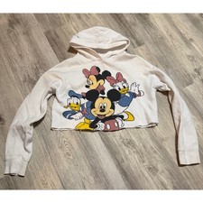 Disney Mickey and Friends Cropped Hoodie Sweatshirt White Graphic Print Size S