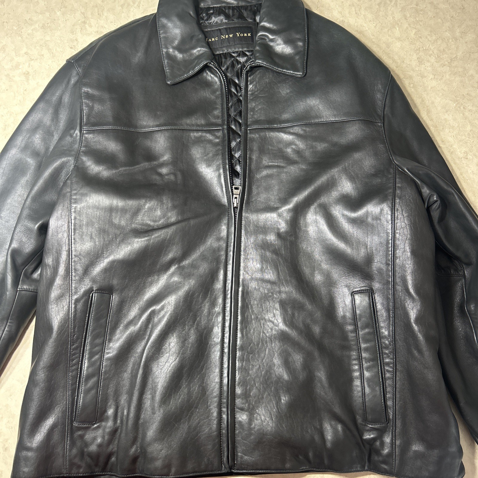 Marc New York Men’s XL Genuine Leather Jacket Black Full Zip Quilted Lining