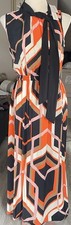 Roman Women’s Orange Geo Print Tie Neck Detail Midi Dress Size 10 NEW With Tags
