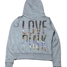 Victoria's Secret LOVE PINK Rainbow Sequin Bling Full Zip Hoodie Gray Size Small