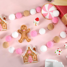 Pink Christmas Gingerbread Garland 10 Ft Gingerbread Man Candy House Pom Ball Fe