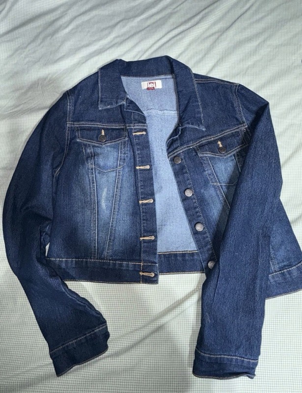 LEI Women’s Blue Denim Jacket Button Front Long Sleeve Pockets Short Size M