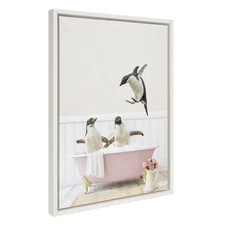 Kate and Laurel Sylvie Penguins Playing in Cottage Rose Bath Framed Canvas Wa...