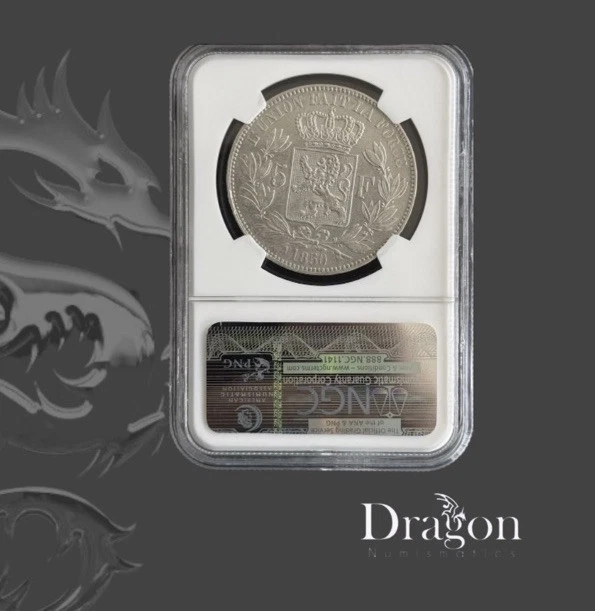 1850 BELGIUM SILVER 5 FRANCS 5F KING LEOPOLD NGC XF 45 NO DOT ABOVE DATE SCARCE - Image 2 of 4
