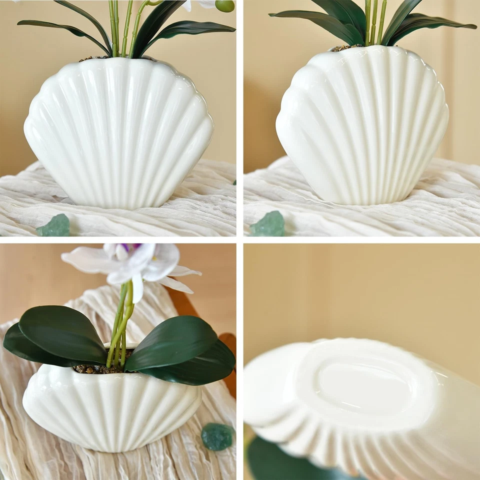 Planta de orquídea artificial Phalaenopsis en maceta concha marina, flores de orquídea falsas de 16"... Foto 3 de 4