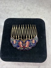 Vintage Cloisonn  Enamel Floral Hair Comb Gold Tone Butterfly Style 2.5    