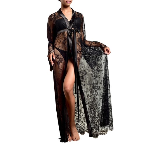Women's Sexy Lingerie Lace Dress Sheer See Through Kimono Robe Nightgown - Picture 13 of 15