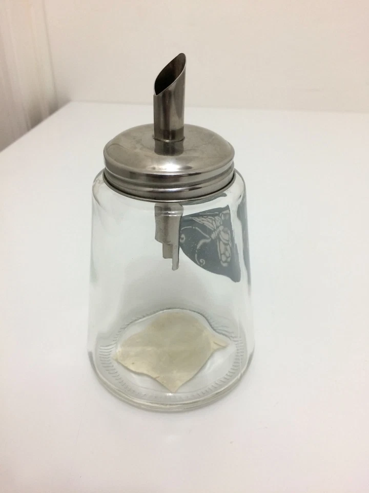 vintage pride products clear glass sugar dispenser chrome lid spout butterfly - Image 3 of 4