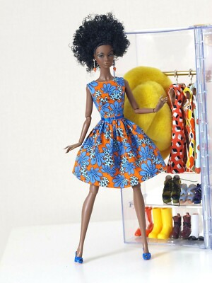 Orange and blue flowered printed dress for Poppy Parker, Nu face by Olgaomi
