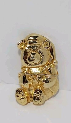 Vintage AAI Christmas Teddy Bear Santa Hat Gold Tone Brooch Pin 2'' EUC