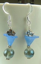 Blue Glass Sphere Earrings with Acrylic Flowers Handmade Statement Jewelry