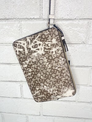 DKNY Tan Brown White Clutch Wallet Wristlet Pouch Small Purse Wrist Bag Graffiti