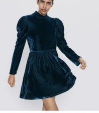 Zara emerald green puff shoulder velour dress XS