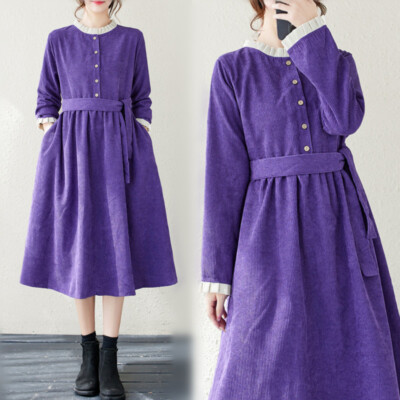 Retro Cord Kleid Rüschen Langarm A-Linie Midi Spleiß Freizeit lila