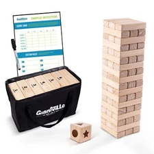 Large Tumbling Timber Toy + Dice + Carry/Storage Bag - 54-Pc Wooden Blocks