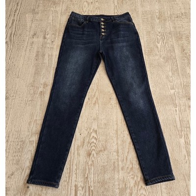 Dark Wash Fleece Lined Winter Fall High Rise Button Fly Skinny Jeans Size L