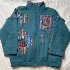 Vintage Southwestern Quilted Patchwork Jacket Medium Full Zip Fringe Sleeves