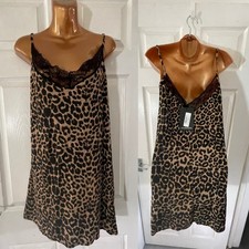Prettylittlething Size 10 Leopard Print Lace Trim Slip Dress Animal Sexy Mini