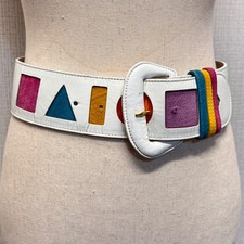 Patricia Green Details Belt Womens S White Multi Color Geometric Retro 80s Funky