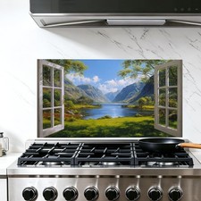 Peel and Stick Wall Mural Mountain Lake Open Window View Kitchen Backsplash F...