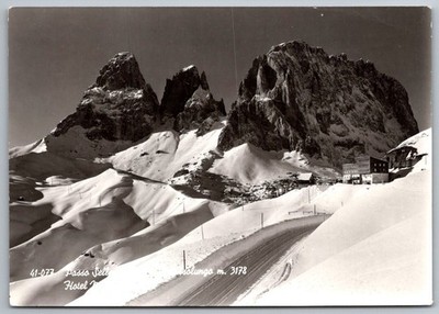 Passo Sella Hotel Snowy Peaks Dolomites Italy Black & White RPPC