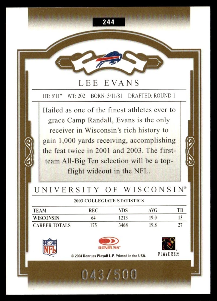 2004 Donruss Classics Lee Evans RC 043/500 #244 - Image 2 of 2